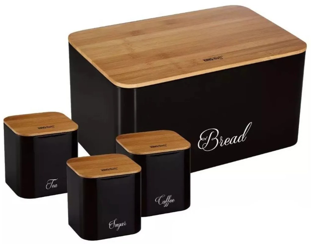 Set cutie de paine neagra cu 3 recipiente, otel, capace din bambus, Kinghoff KH1586