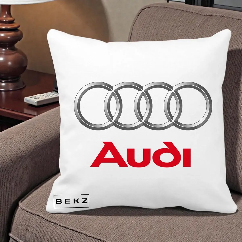 Perna Personalizata cu emblema Audi, 40x40 cm, Alba Mata, Husa Detasabila, Perna Inclusa, BEKZ®