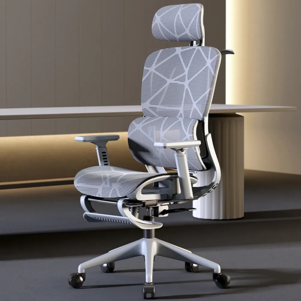 Scaun ergonomic, functie translatie sezut, cotiere reglabile 3D, tetiera 3D, suport lombar reglabil, spătar reglabil inaltime, pivotant, suport picioare, Gri