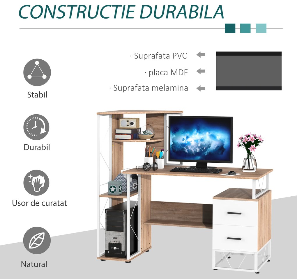 Masa pentru PC, Birou cu Raft lateral, doua sertare, cadru de fier, lemn MDF, alb si lemn 133x55x123cm HOMCOM | Aosom RO