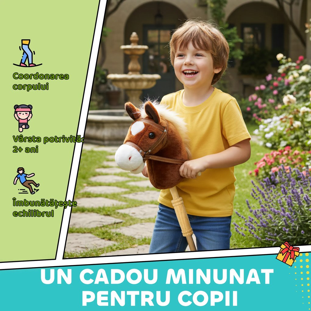 AIYAPLAY Cal de jucărie cu baston și sunete realiste pentru copii 24+ luni, Maro | Aosom Romania