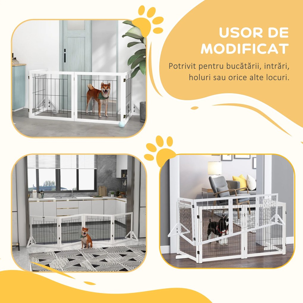 PawHut Poartă Pliabilă pentru Câini, Poartă de Siguranță pentru Animale și Căţei cu 4 Panouri și Picioare Triunghiulare, 280x70 cm, Alb | Aosom Romania