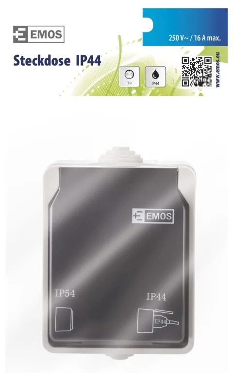 Priza simpla cu impamantare si protectie, cu capac, 16A, montaj aplicat, protectie IP44, pentru exterior, Emos