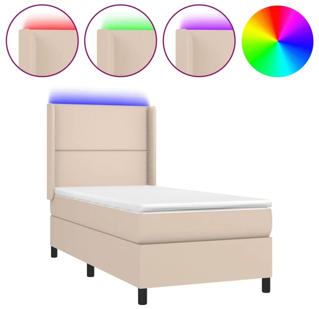 3139312 vidaXL Pat cu arcuri, saltea și LED, cappuccino, 100x200cm, piele eco
