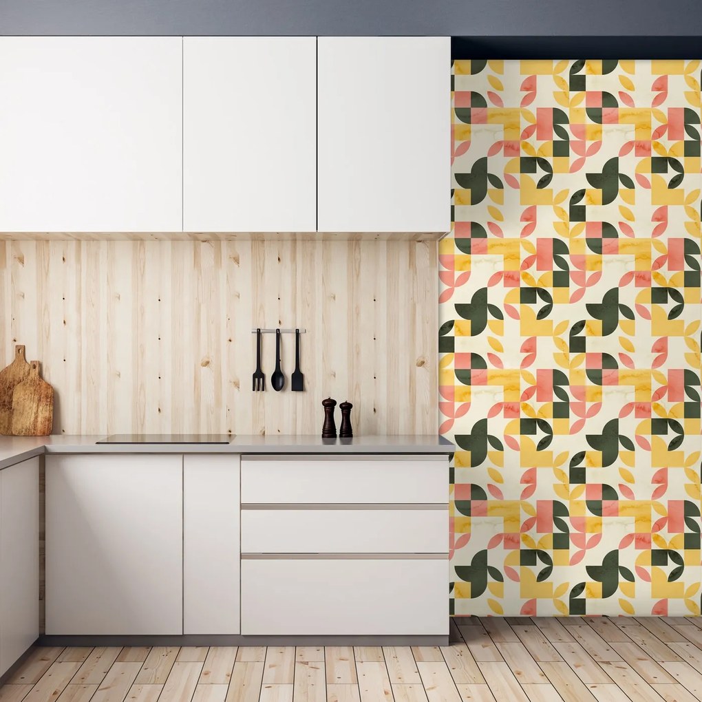 Tapet - Model geometric retro în verde-galben
