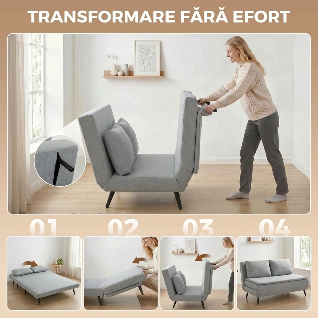 HOMCOM Canapea Extensibilă 2 Persoane 3 în 1 din Material Tip In cu 2 Perne, Cadru din Eucalipt, Gri Deschis | Aosom Romania