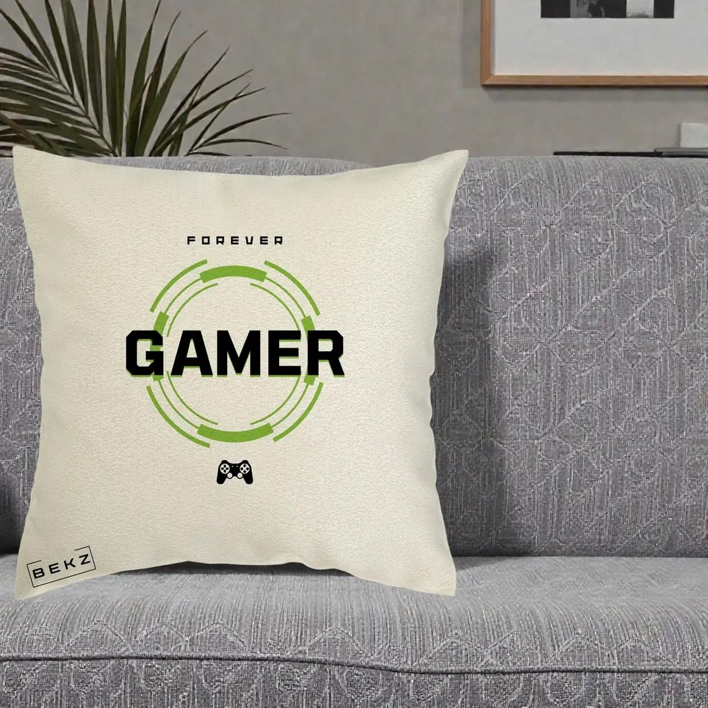 Perna Personalizata Forever Gamer, 40x40 cm, Ecru, Husa Detasabila, Perna Inclusa, BEKZ®