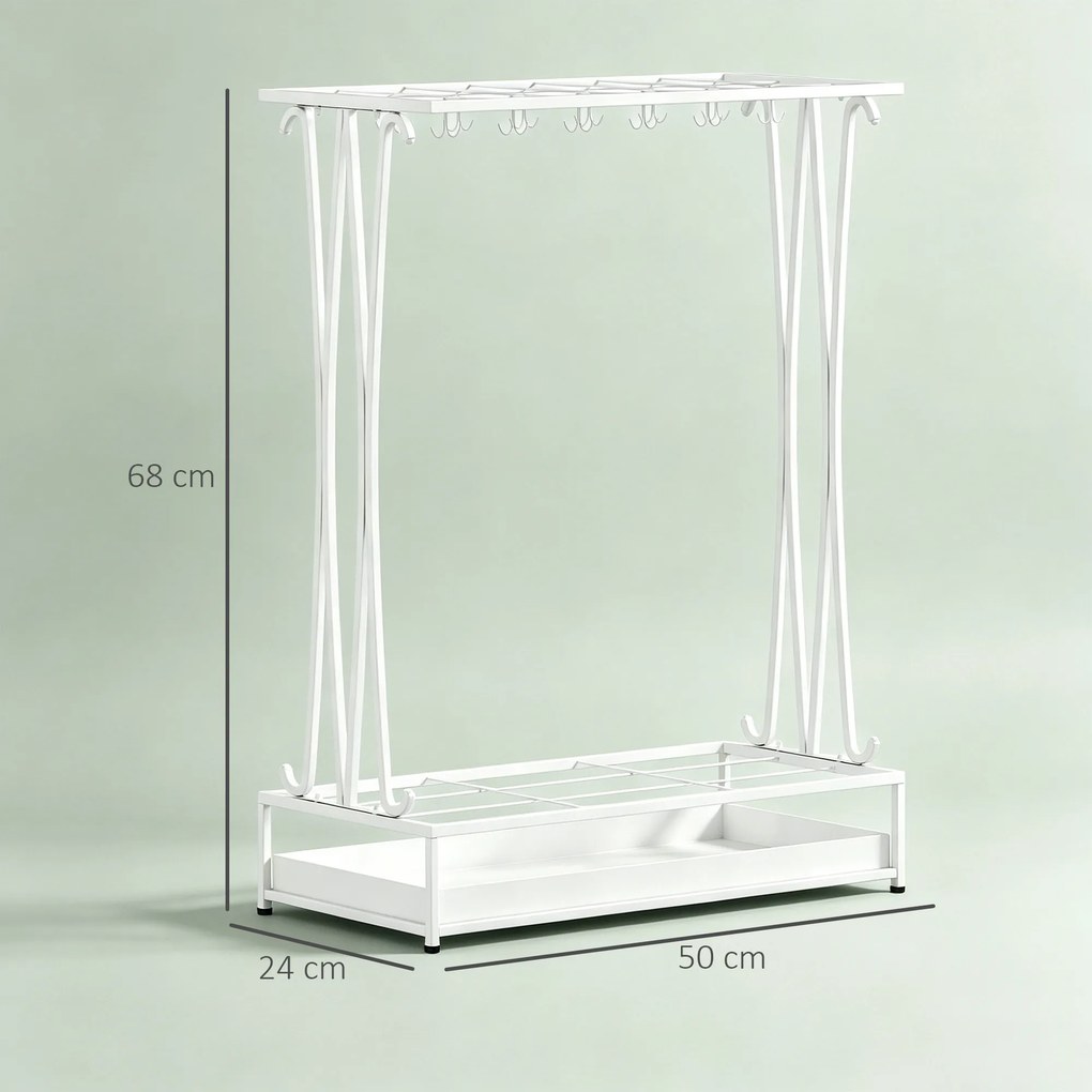HOMCOM Suport Pentru Umbrele cu Tăviță Colectoare, 21 Orificii, 24 Cârlige, Oțel, 50x24x68 cm, Alb | Aosom Romania
