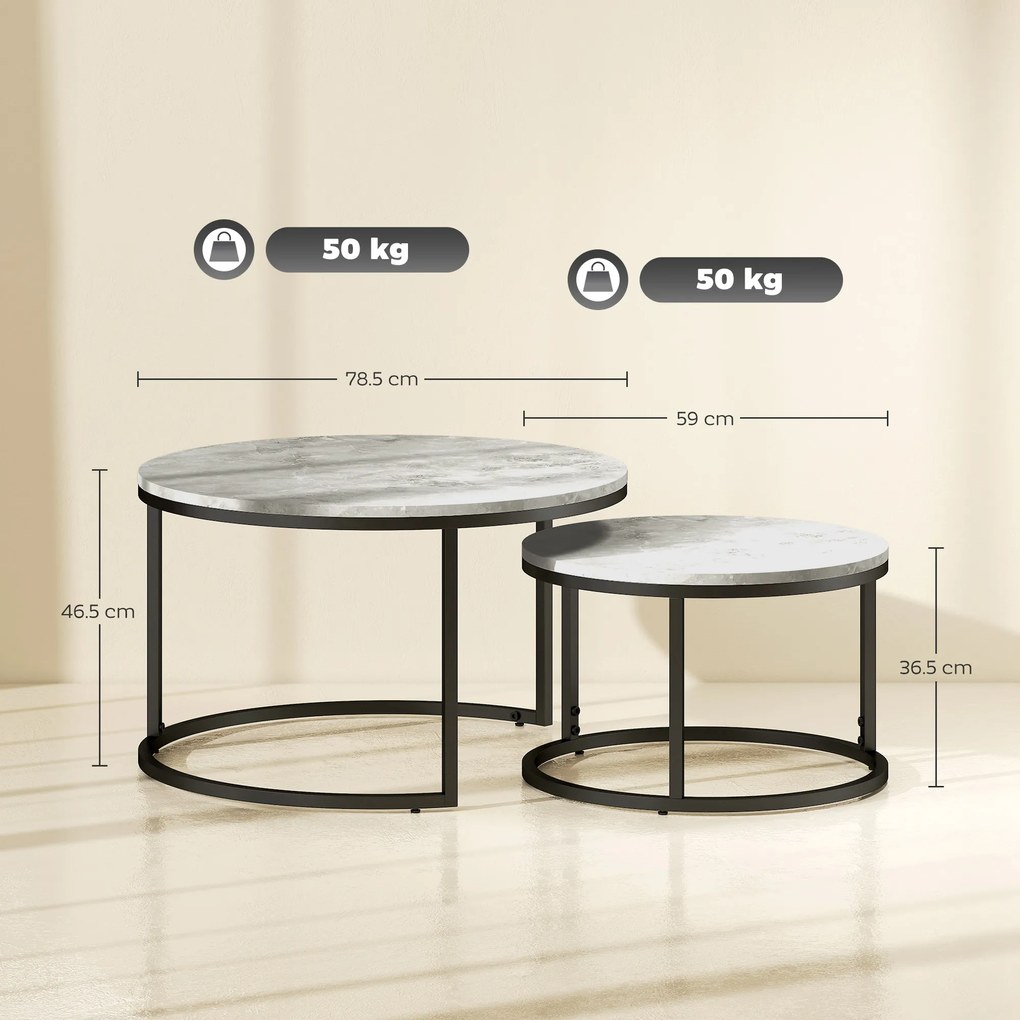 HOMCOM Set 2 Masute de Cafea care se Suprapun, Masute pentru Salon Rotunde din Metal si MDF Efect Marmura, Gri si Negru
