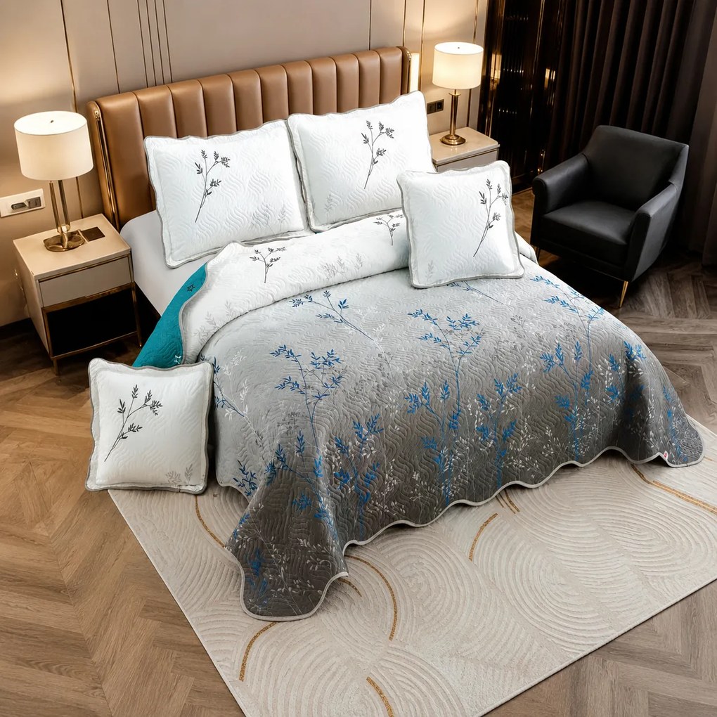 Cuvertură bumbac 100%, gri-bleu cu flori, 5 piese, 230x250 cm, CB427