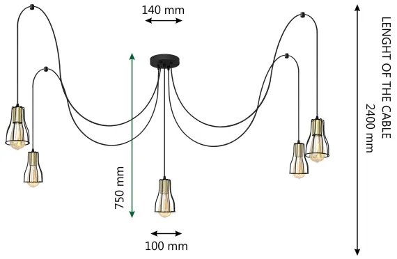 Lustră pe cablu TUBE LONG 5xE27/15W/230V negru/auriu