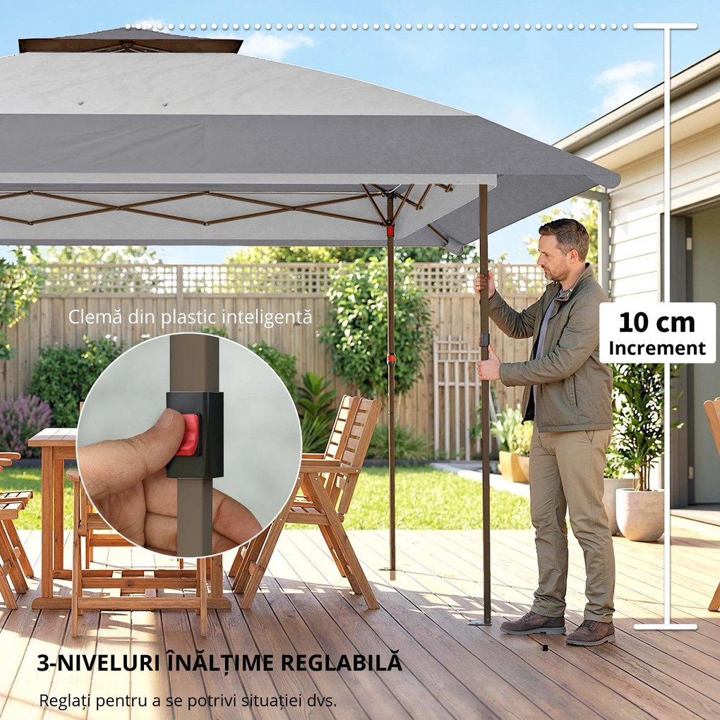 Outsunny Pavilion 4x4m Impermeabil Reglabil pe înălțime Pop-up Pavilion pliant cu dublu acoperiș 4 laterale din plasă, UV 30+Gri deschis | Aosom Romania
