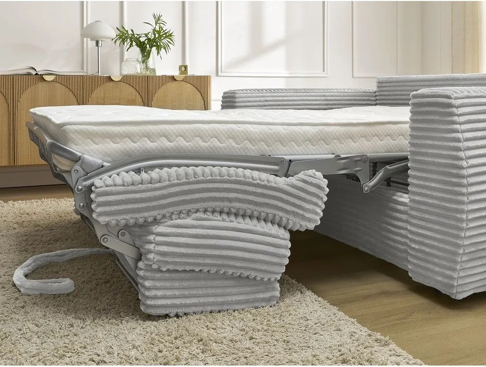 Canapea gri deschis pentru dormitul zilnic/extensibilă cu tapițerie din catifea reiată 240 cm Hugo – Bobochic Paris