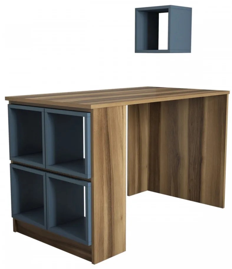 Set Birou de Studiu si Raft, PAL Melaminat, Box, Nuc / Albastru Petrol