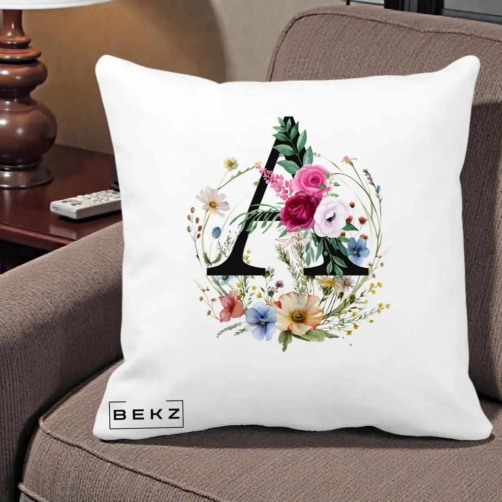 Cadou Personalizat - Perna Personalizata Monogram Litera A cu Flori Acuarela, 40x40 cm, Alba Mata, Husa Detasabila, Perna Inclusa, BEKZ®
