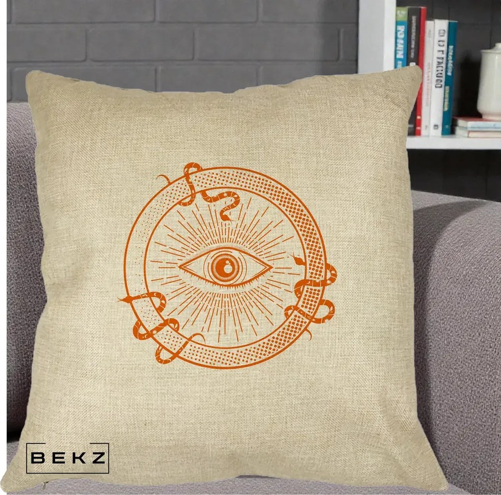 Perna Personalizata Ochiul Providentei Mistic Orange, 40x40 cm, Crem, Husa Detasabila, Perna Inclusa, BEKZ®