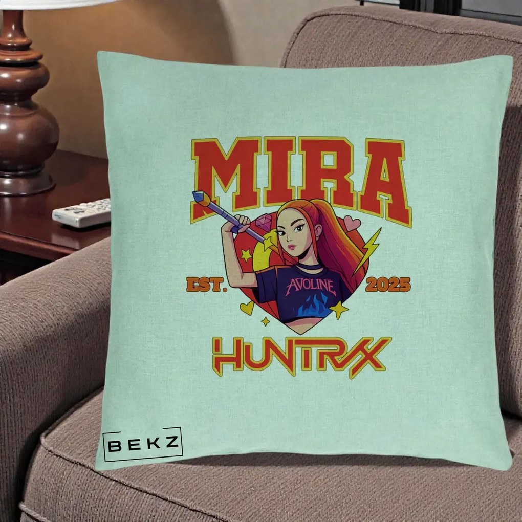 Perna Personalizata K-pop HUNTRX Mira Personaj Avoline, 40x40 cm, Verde Menta, Husa Detasabila, Perna Inclusa, BEKZ®
