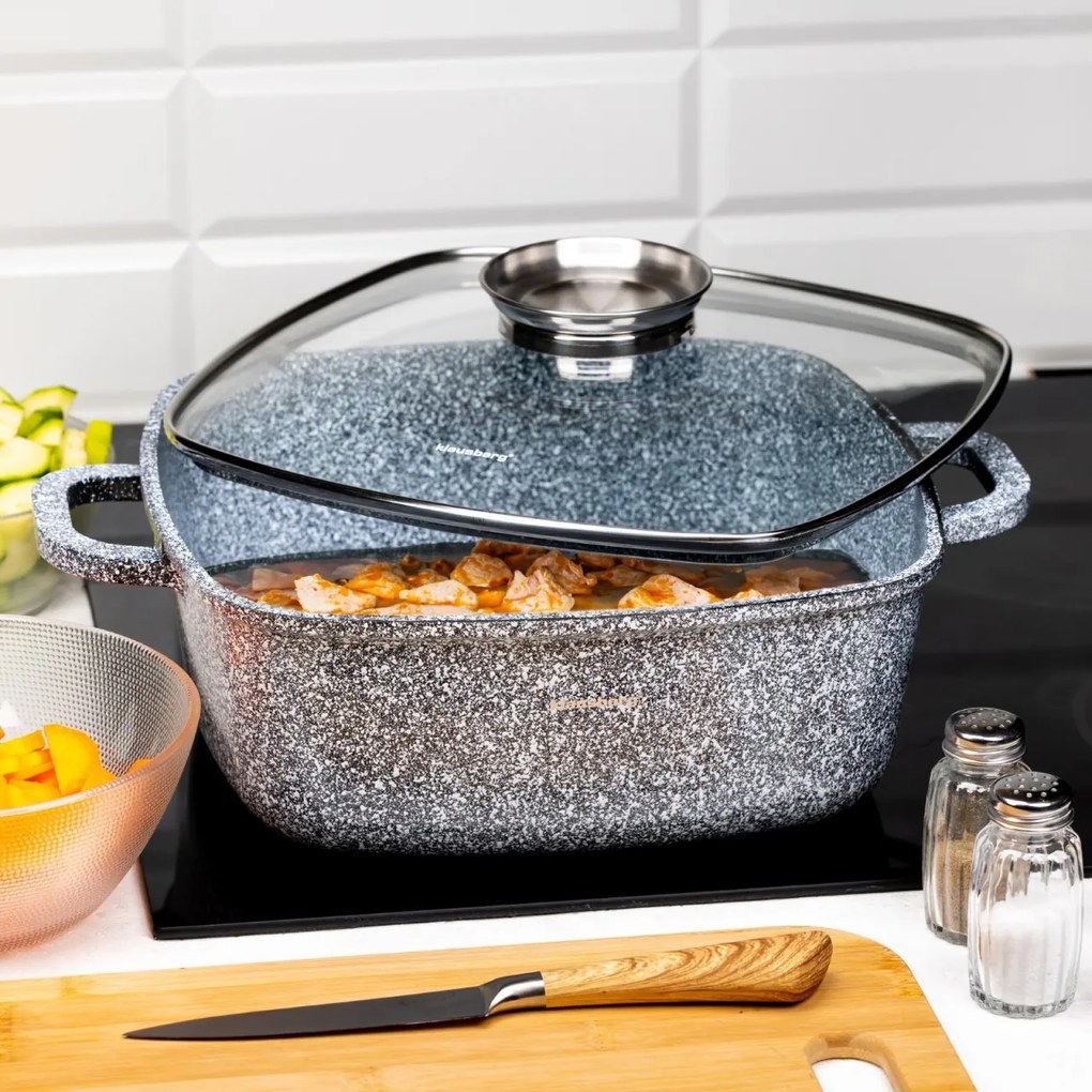 Oală pătrată cu capac 26x26 cm, 5.5L – Klausberg KB 7531, strat marmură, pentru toate plitele, aspect modern gri