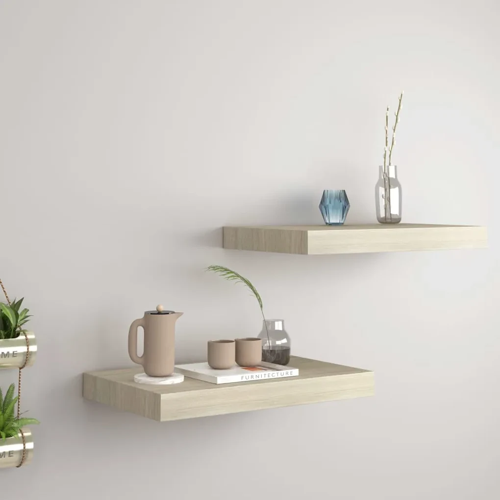 323869 vidaXL Rafturi de perete suspendate, 2 buc., stejar, 40x23x3,8 cm, MDF
