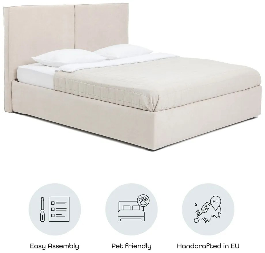 Pat matrimonial bej tapițat cu spațiu de depozitare cu somieră 180x200 cm Thessa Bold – Bonami Selection