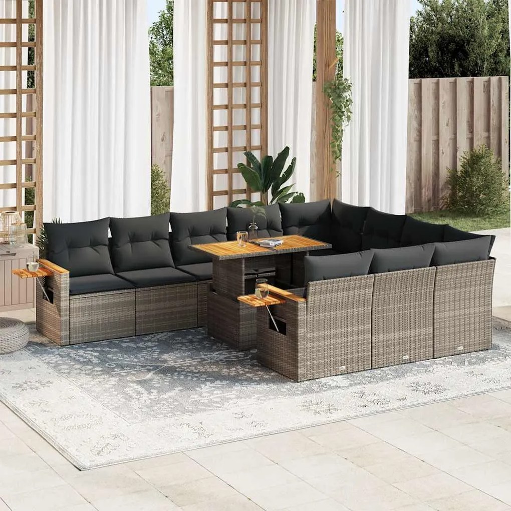 vidaXL Set canapele grădină perne 11 piese, gri, poliratan/lemn acacia