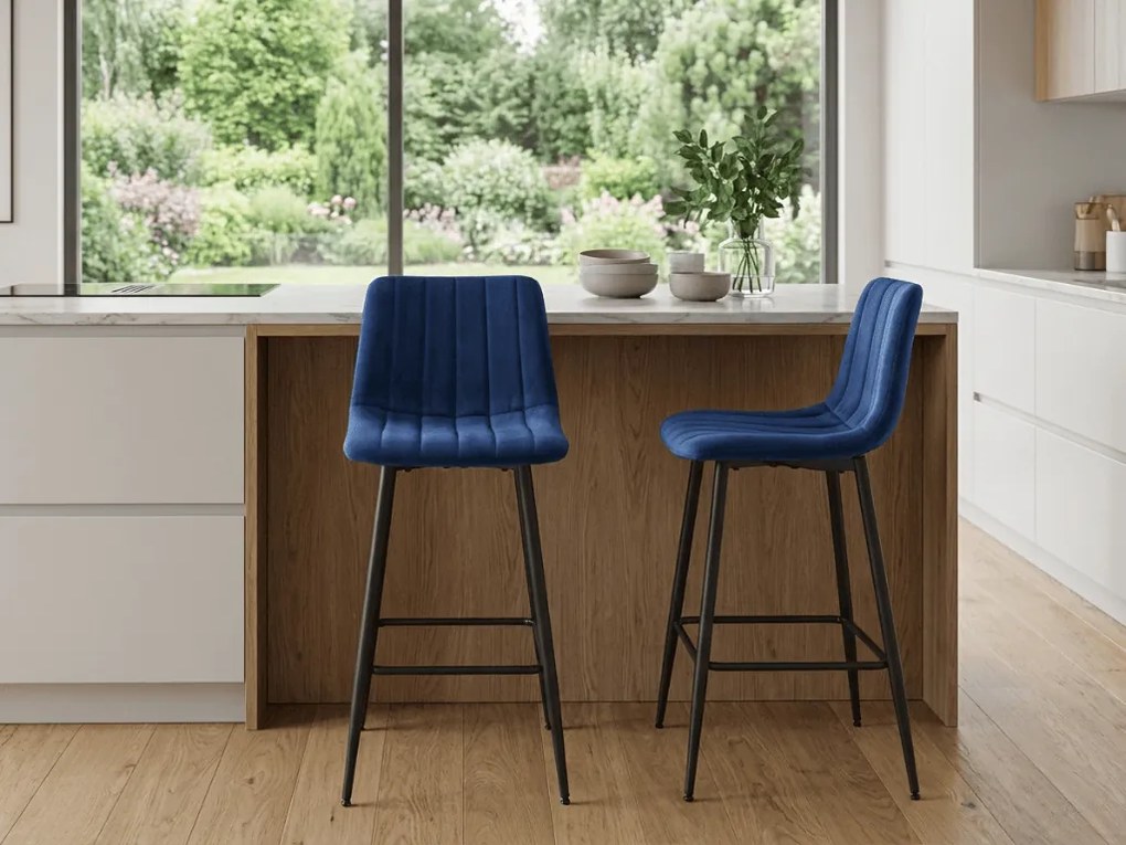 Scaun de bar POZZA VELVET cu picioare negre, albastru