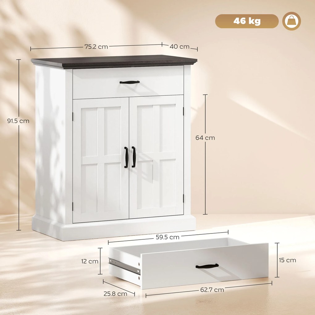 HOMCOM Bufet pentru Living Rustic cu 2 Uși 1 Sertar Raft Reglabil pentru Hol Intrare Alb 75,2x40x91,5 cm | Aosom Romania