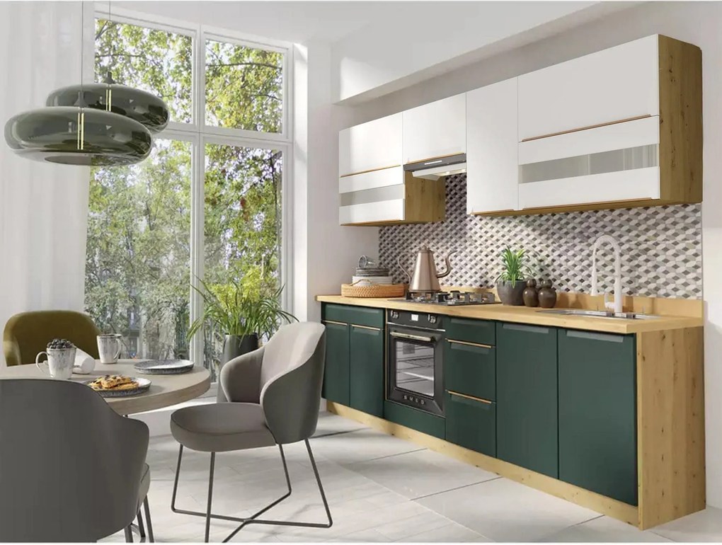 Set bucatarie GLAMOUR C PLUS, carcasa stejar artisan/fronturi verde ma