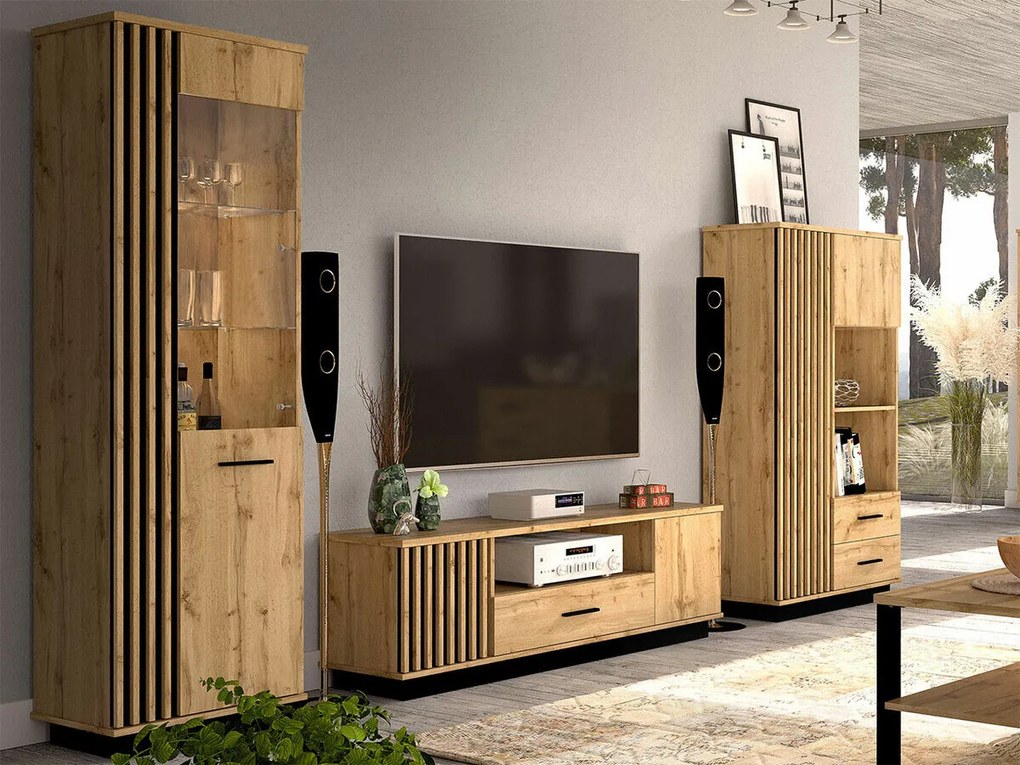 Set camera de zi Ogden J114Negru, Wotan stejar, Cu componente suplimentare, Părți separate, Cu comodă TV, PAL laminat, Sticlă călită, MDF, 194x40cm, 145 kg