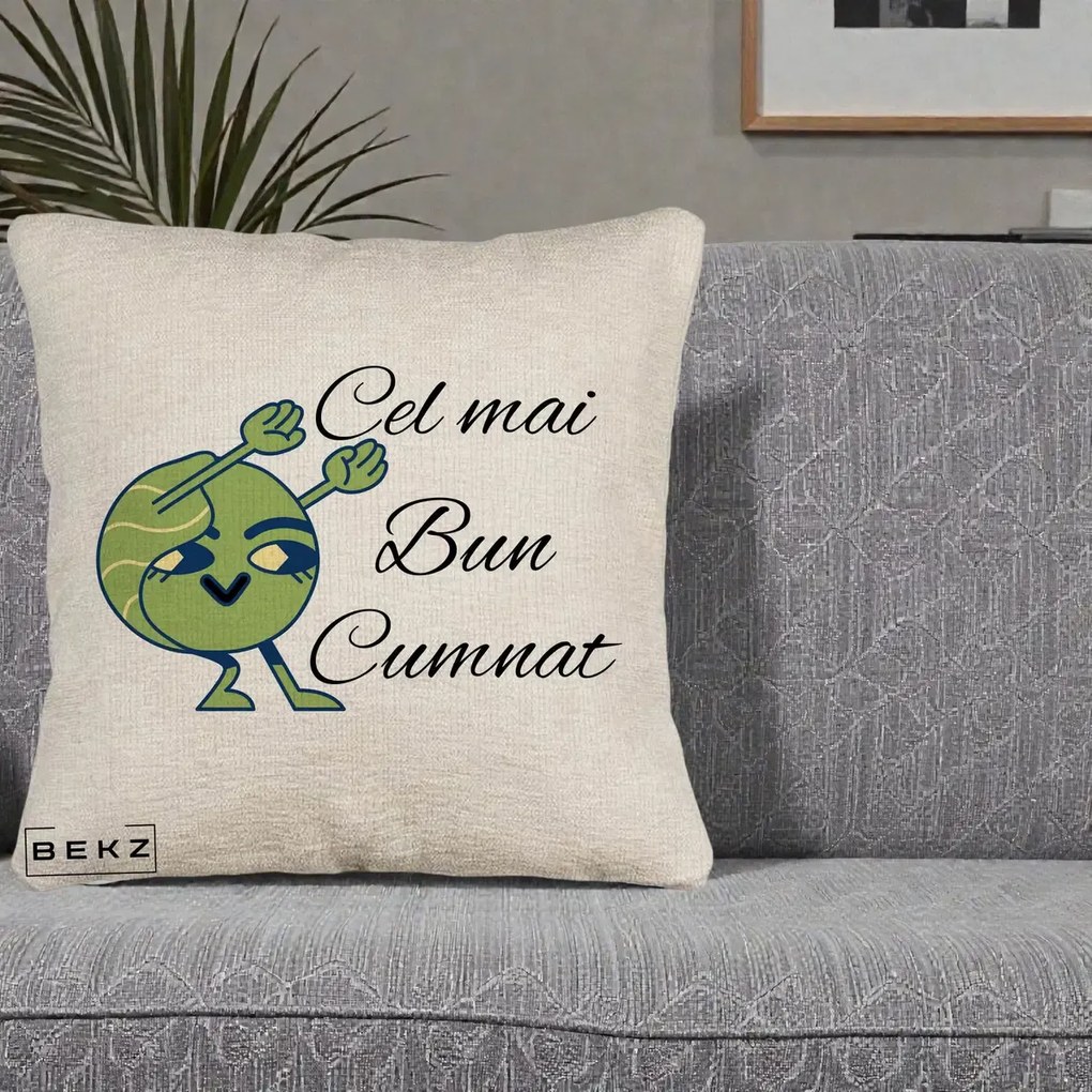 Cadou pentru Cumnat - Perna Personalizata Cel mai Bun Cumnat cu Personaj Funny Verde, 40x40 cm, Bej Canapea, Husa Detasabila, Perna Inclusa, BEKZ®