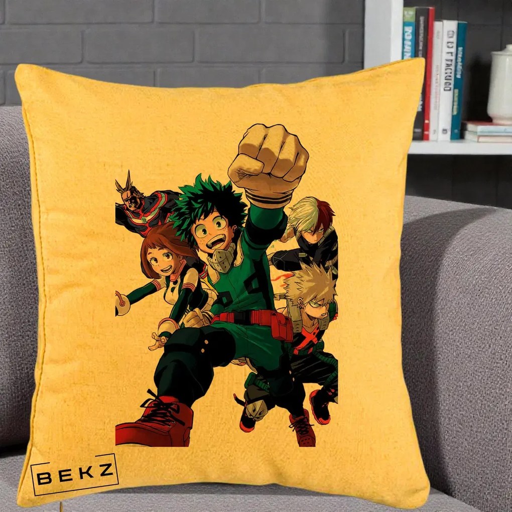 Perna Personalizata My Hero Academia Izuku Deku si Echipa, 40x40 cm, Galben, Husa Detasabila, Perna Inclusa, BEKZ®