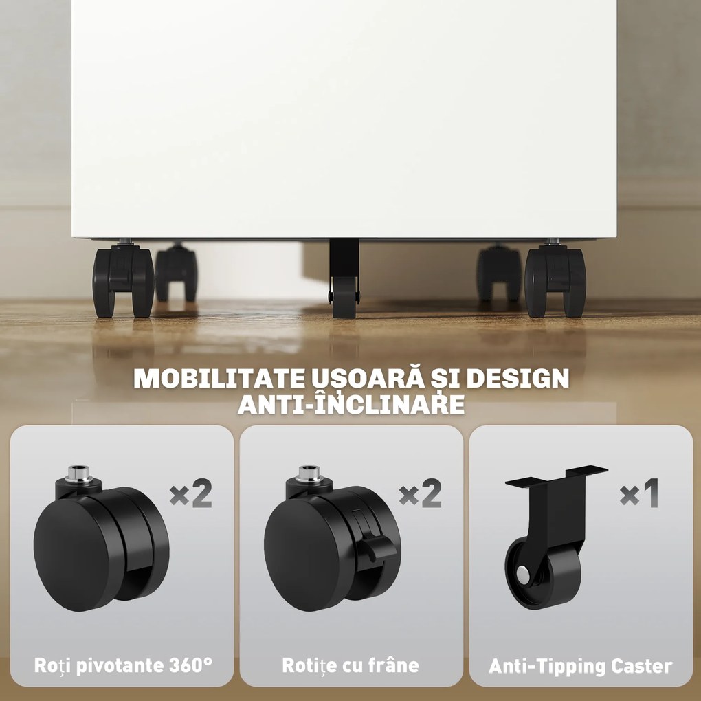Vinsetto Dulap cu Sertare pentru Birou cu 5 Roți, 3 Sertare cu Încuietoare și Chei, 30x43.5x60 cm, Alb | Aosom Romania