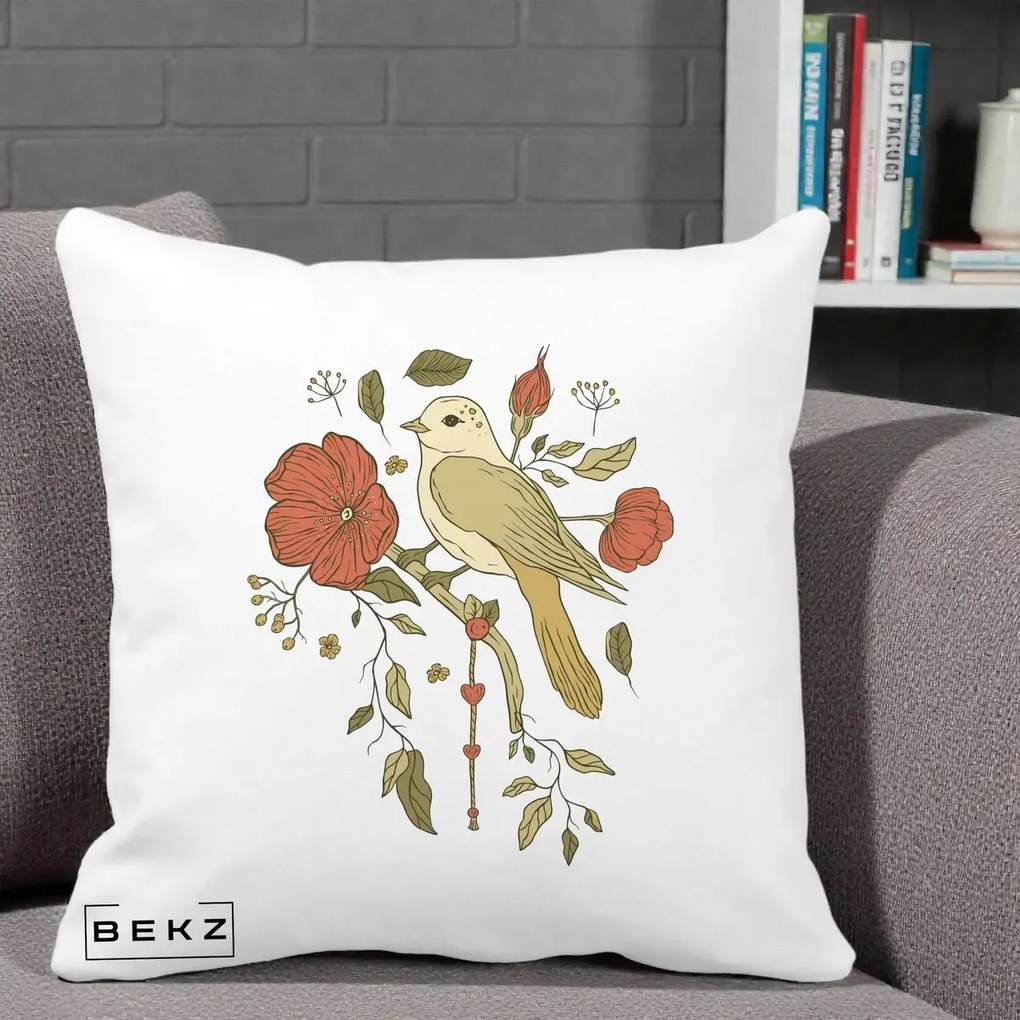 Perna Decorativa Pasare pe Ramura cu Maci, 40x40 cm, Alba Mata, Husa Detasabila, Perna Inclusa, BEKZ®