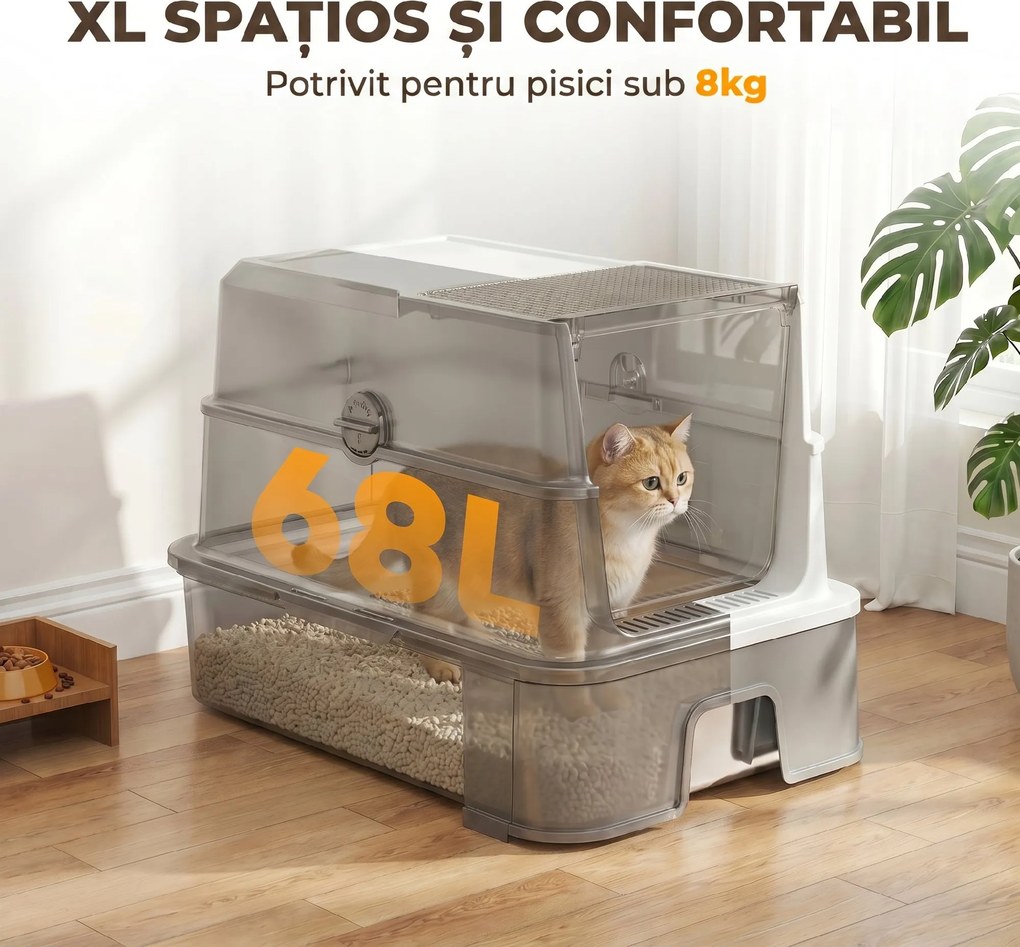 PawHut Litieră Acoperită 3 în 1 pentru Pisici, 68 L, cu Capac, Tavă Detașabilă din Oțel Inoxidabil, Lopățică, Alb și Gri | Aosom Romania