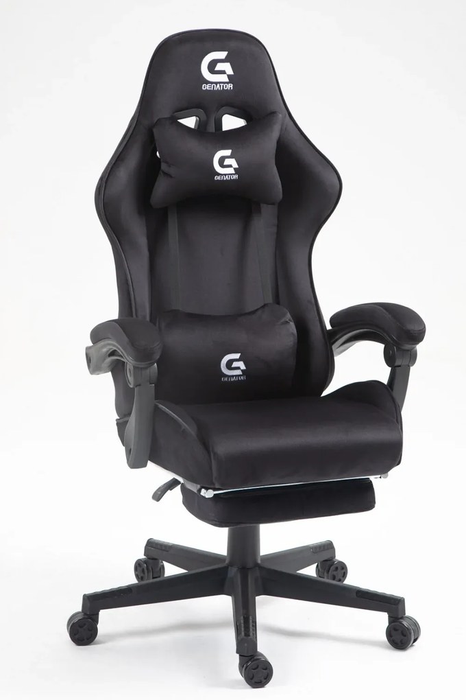 Scaun gaming, ergonomic, suport lombar cu masaj, sezut cu arcuri și spumă, spătar reglabil, tetieră, suport pentru picioare, rezistent 150 kg, material textil, Negru