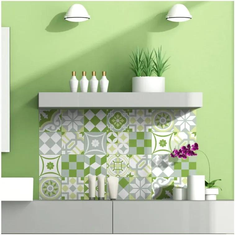 Set 24 autocolante pentru perete Ambiance Green Patchwork Tiles, 10 x 10 cm