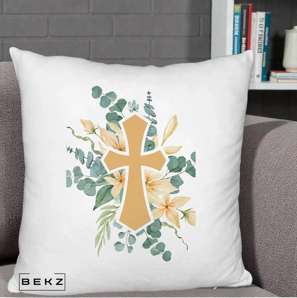 Perna Personalizata Cruce Florala Botez, 40x40 cm, Alb Pufos, Husa Detasabila, Perna Inclusa, BEKZ®