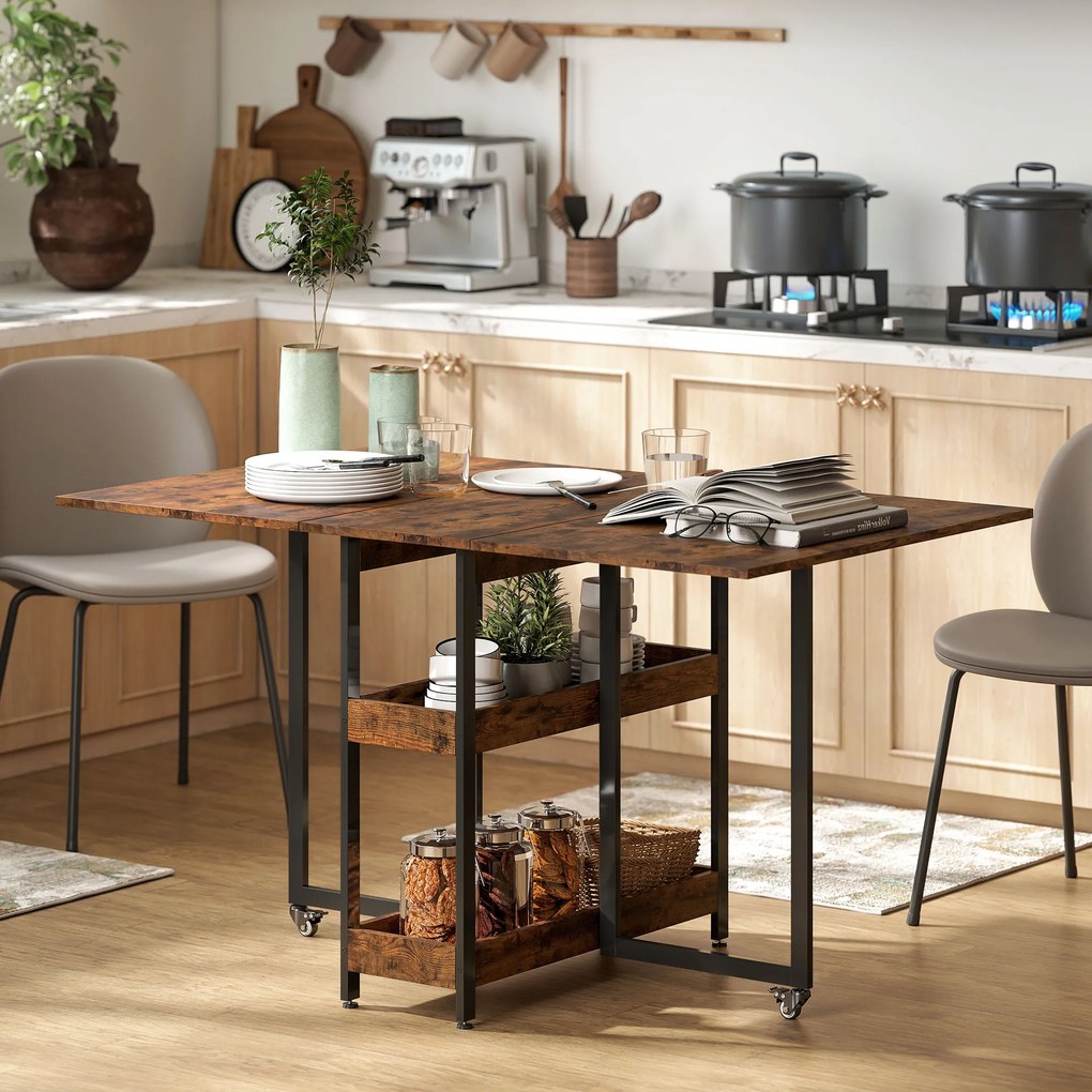 HOMCOM Masă de Dining Extensibilă în stil industrial, pentru până la 4 persoane, rafturi deschise, flexibilă, Metal, Placă de melamină, Maroniu | Aosom Romania