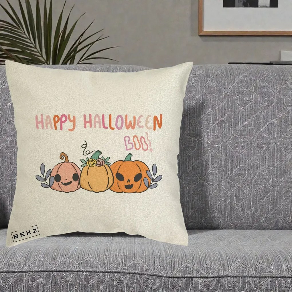 Perna Decorativa Happy Halloween Boo Trei Dovlecei Kawaii, 40x40 cm, Ecru, Husa Detasabila, Perna Inclusa, BEKZ®