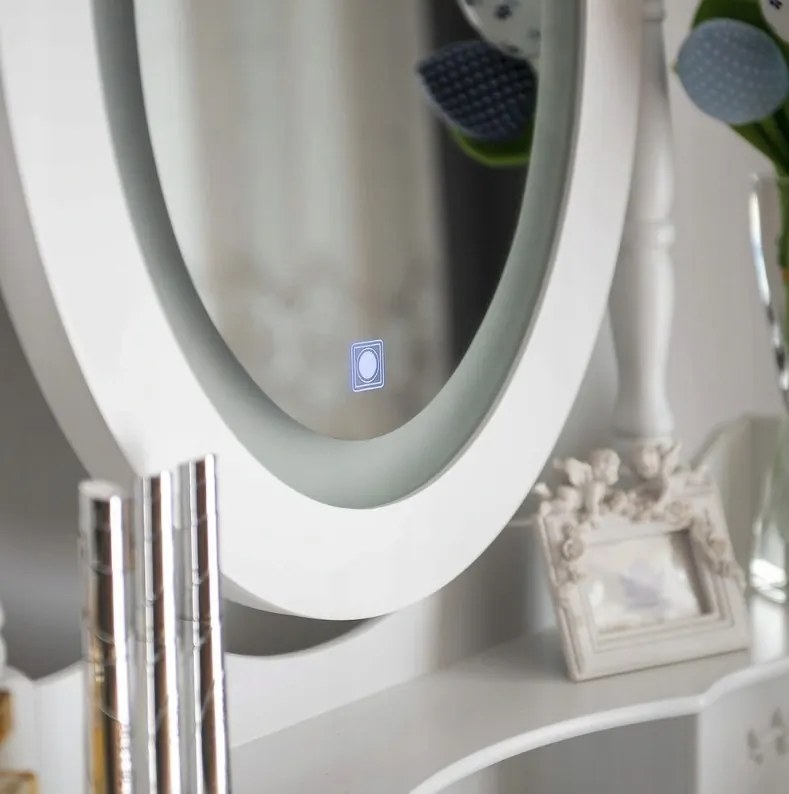Măsuţă de toaletă vintage, cu oglindă pivotantă cu iluminare LED