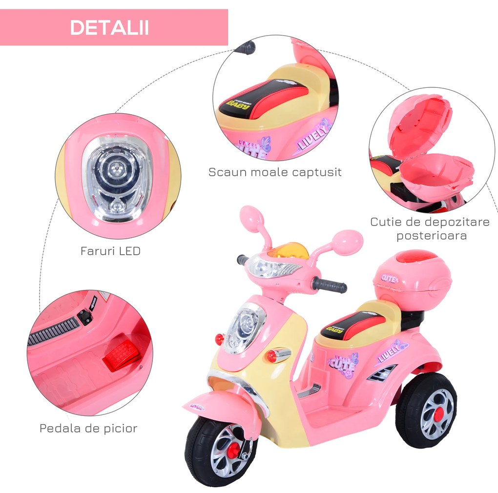 HOMCOM motocicleta electrica copii, tricicleta electrică roz, cu lumini, 6V | Aosom Romania