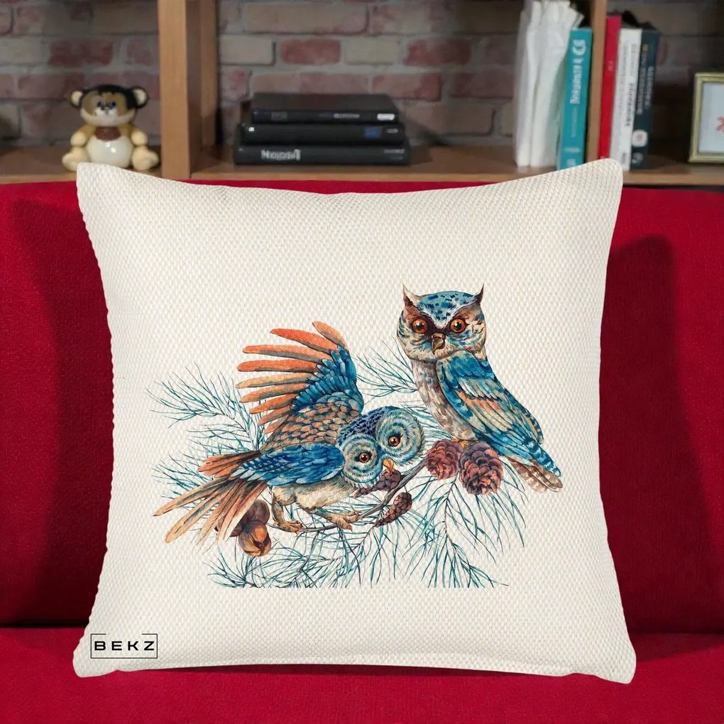 Perna Decorativa Bufnite de Iarna Albastre, 40x40 cm, Crem Reliefat, Husa Detasabila, Perna Inclusa, BEKZ®