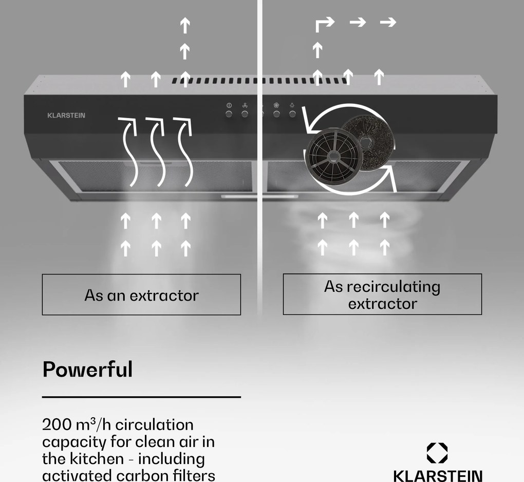 Klarstein Contempo 60, hota, 60 cm, sub dulap, 200 m³/h, LED, acril, otel inoxidabil