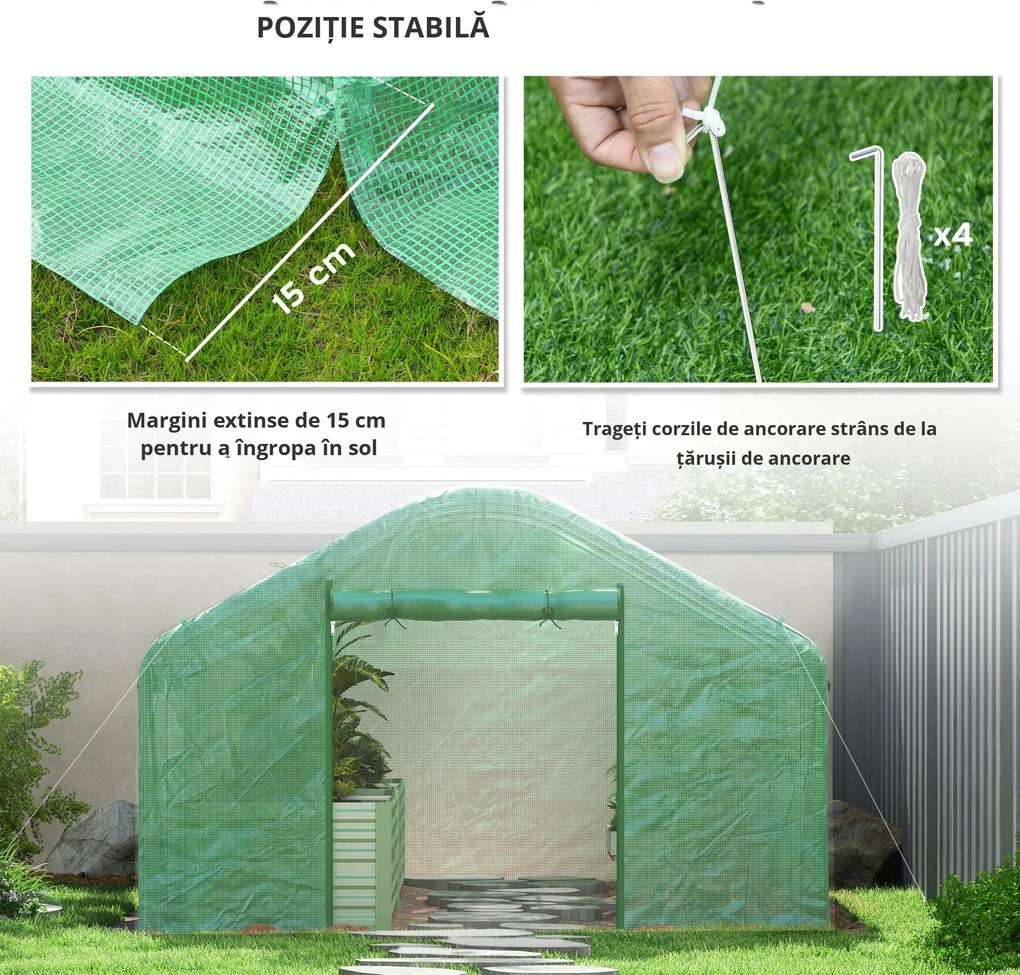 Outsunny Seră de grădină 4 x 3 x 2m cu uși rulabile și ferestre mari, seră tip tunel de grădină, verde | Aosom Romania