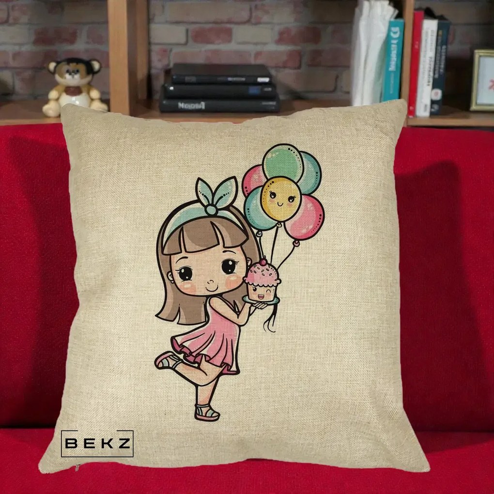 Perna Decorativa Fetita Kawaii cu Baloane si Cupcake, 40x40 cm, Crem, Husa Detasabila, Perna Inclusa, BEKZ®