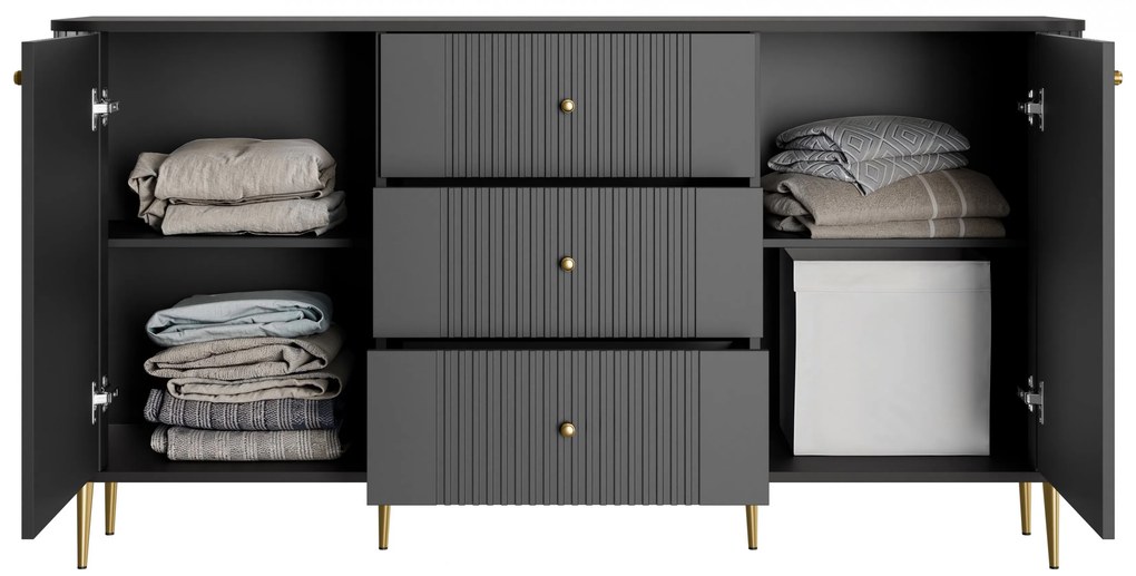 Comodă cu sertare Vesper 160 cm pe picioare - negru / picioare aurii