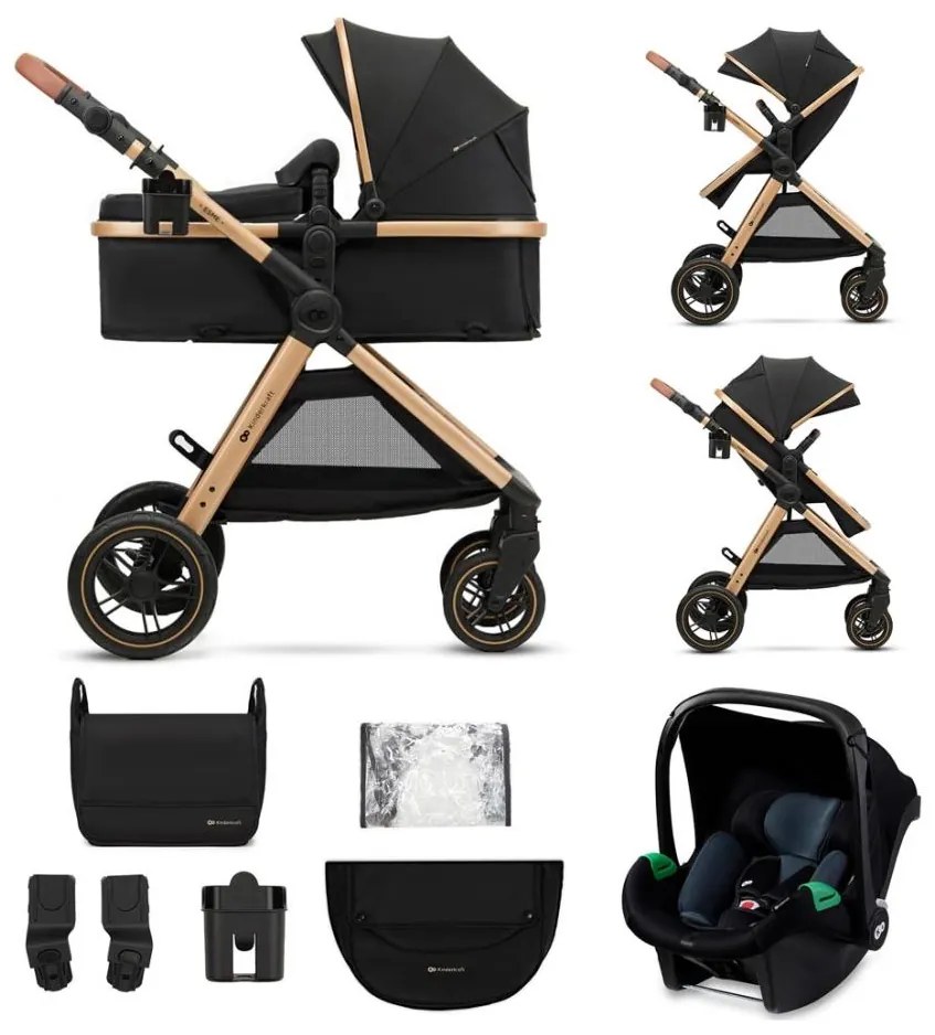 Cărucior de copii combinat 3 în 1 KINDERKRAFT ESME Pure black + scaun auto MINK PRO