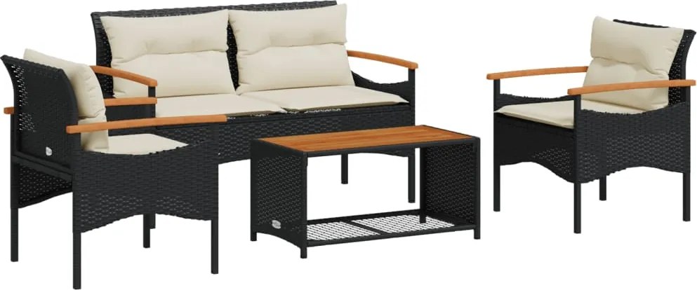 vidaXL Set mobilier de grădină cu perne, 4 piese, negru, poliratan