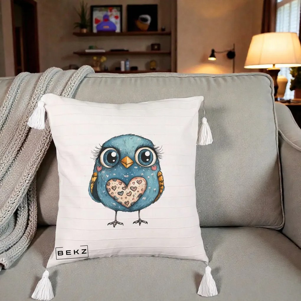 Perna Decorativa Bufnita Albastra cu Inimioare, 40x40 cm, Bej cu Franjuri, Husa Detasabila, Perna Inclusa, BEKZ®