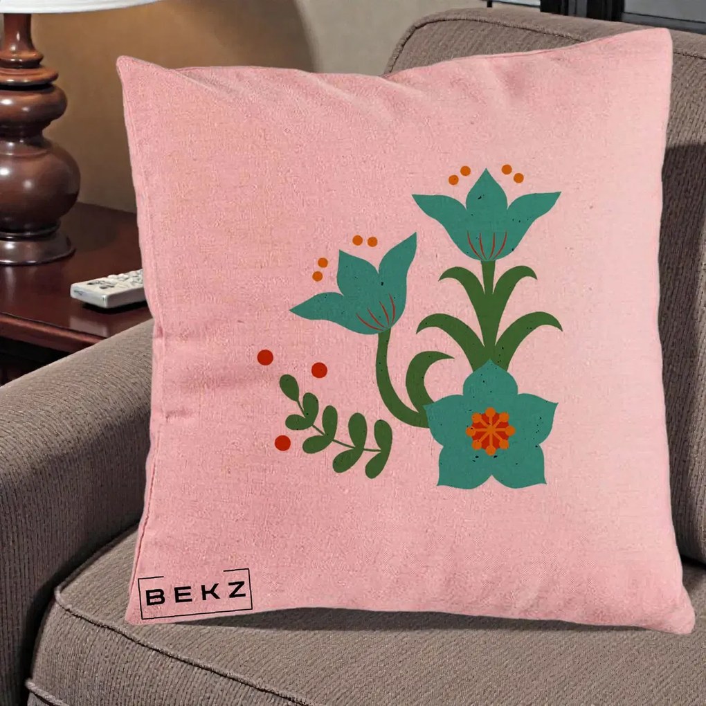 Perna Decorativa Flori Stilizate Folk Turcoaz, 40x40 cm, Roz, Husa Detasabila, Perna Inclusa, BEKZ®